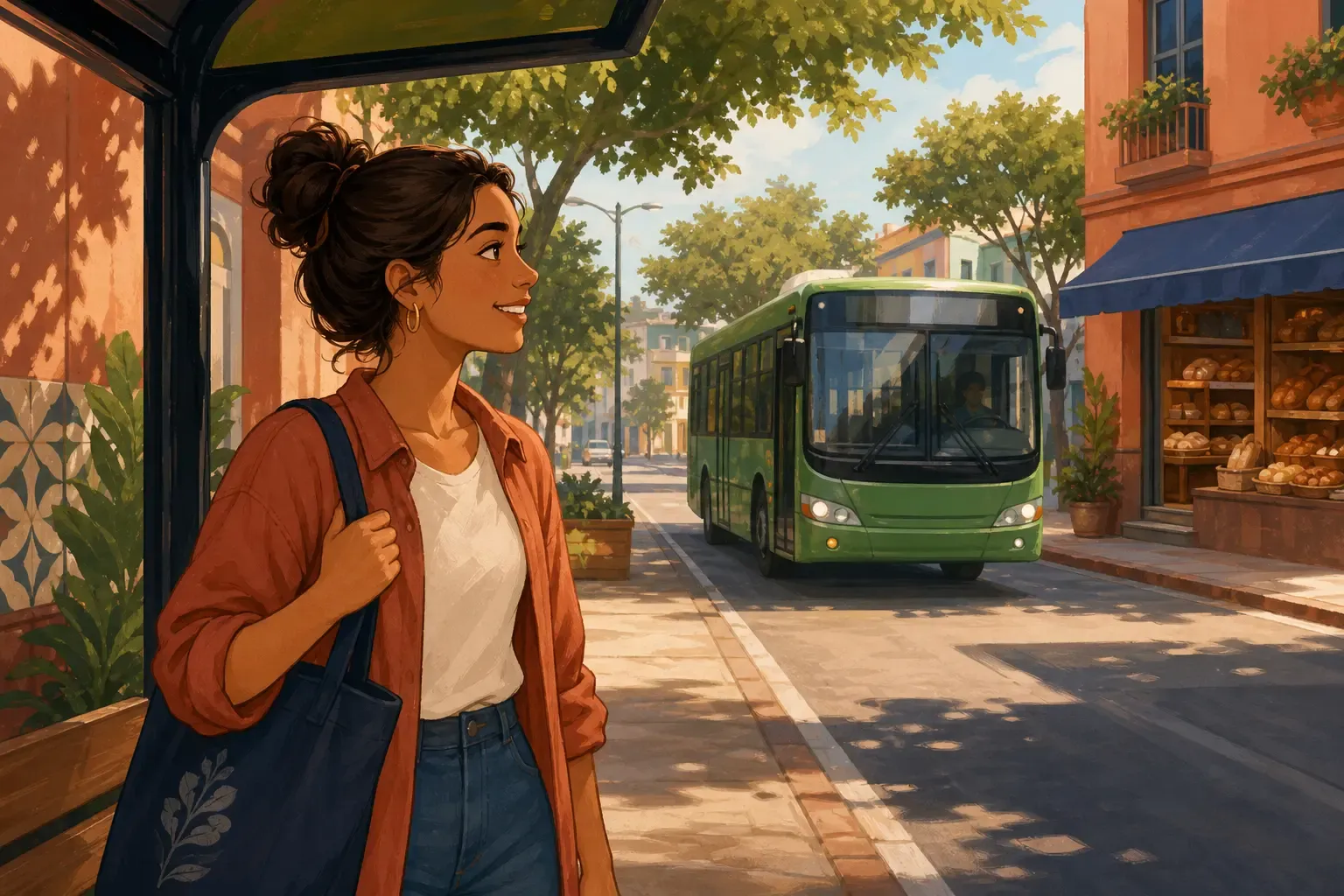 A passenger waiting as a green city bus arrives