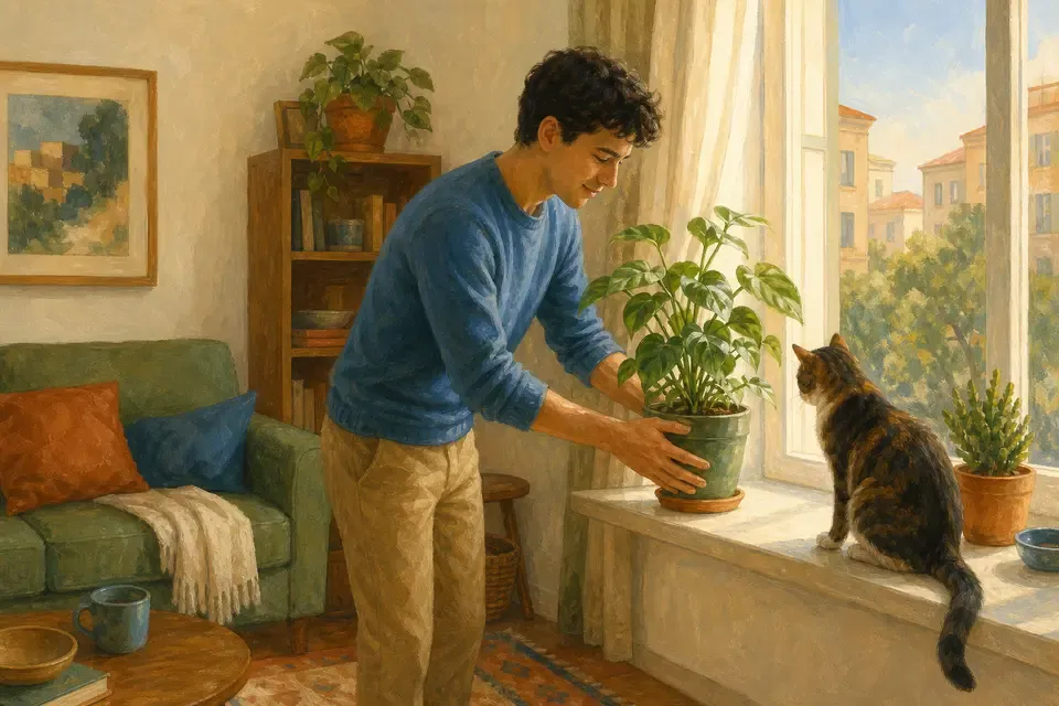A young man caring for a green plant beside a bright window