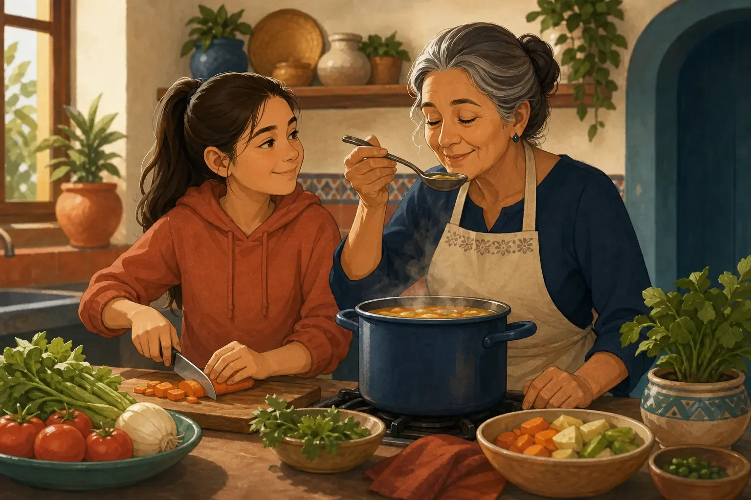 A grandmother and teenager preparing vegetable soup together