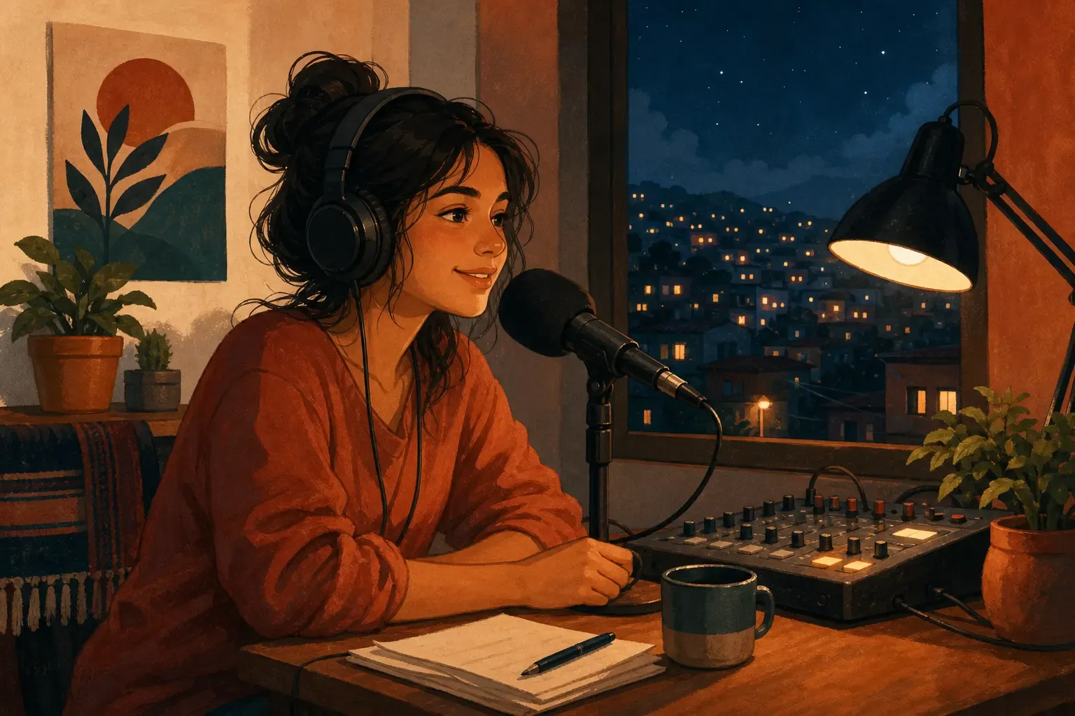 A young presenter hosting a community radio show at night