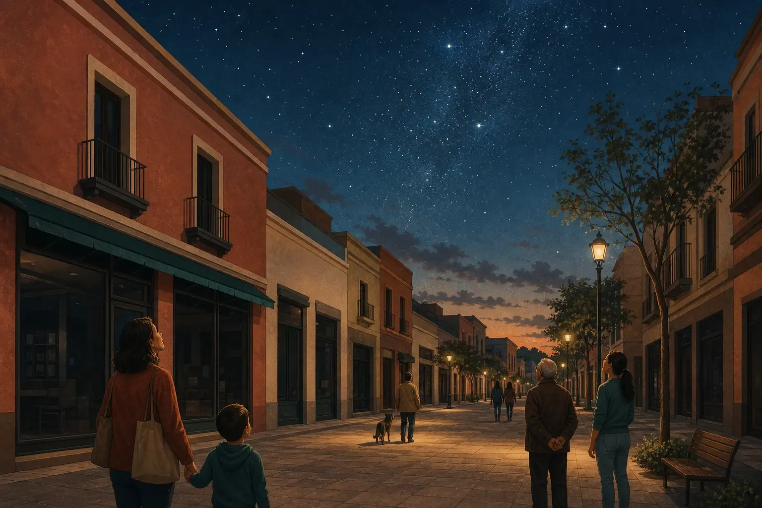 A dimmed commercial street beneath a newly visible starry sky