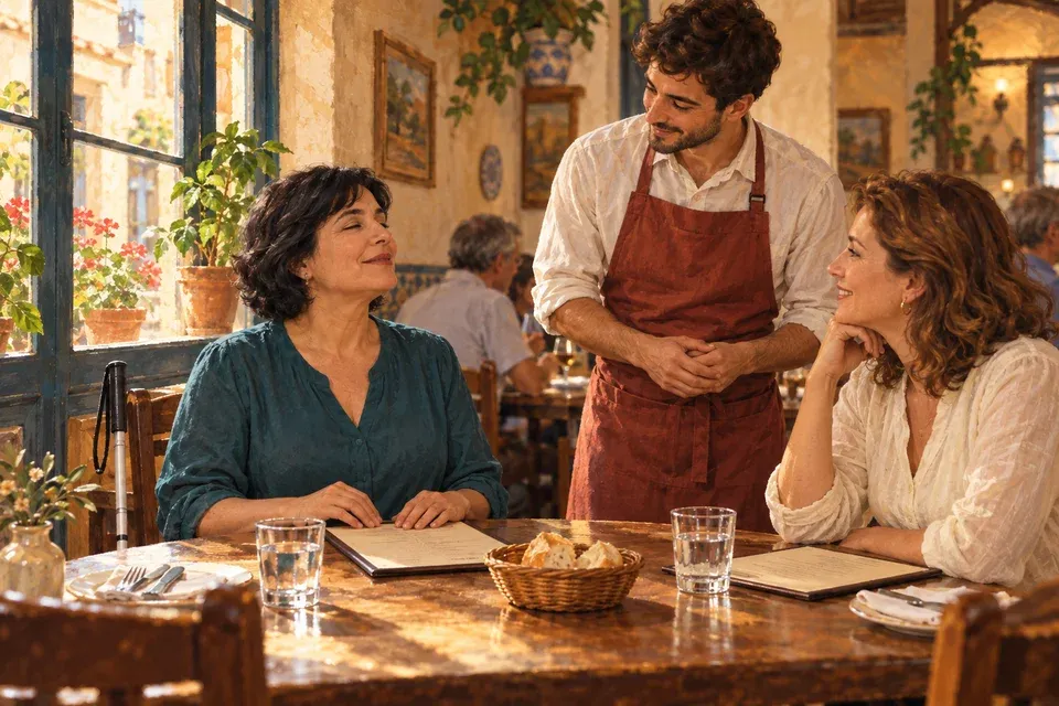 A waiter listening to a blind customer and her friend at a sunlit restaurant table