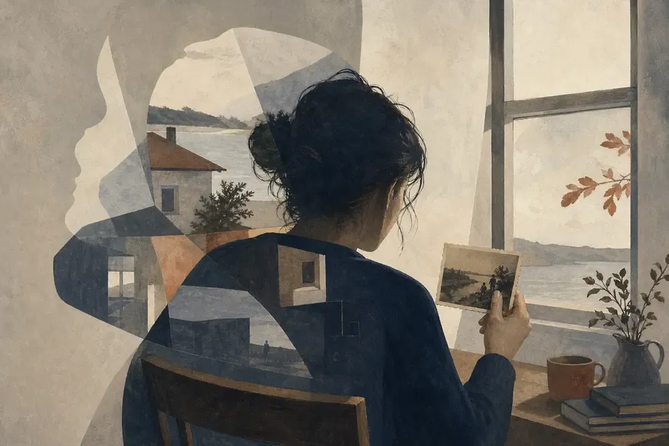 A person holding an old photograph amid layered memories